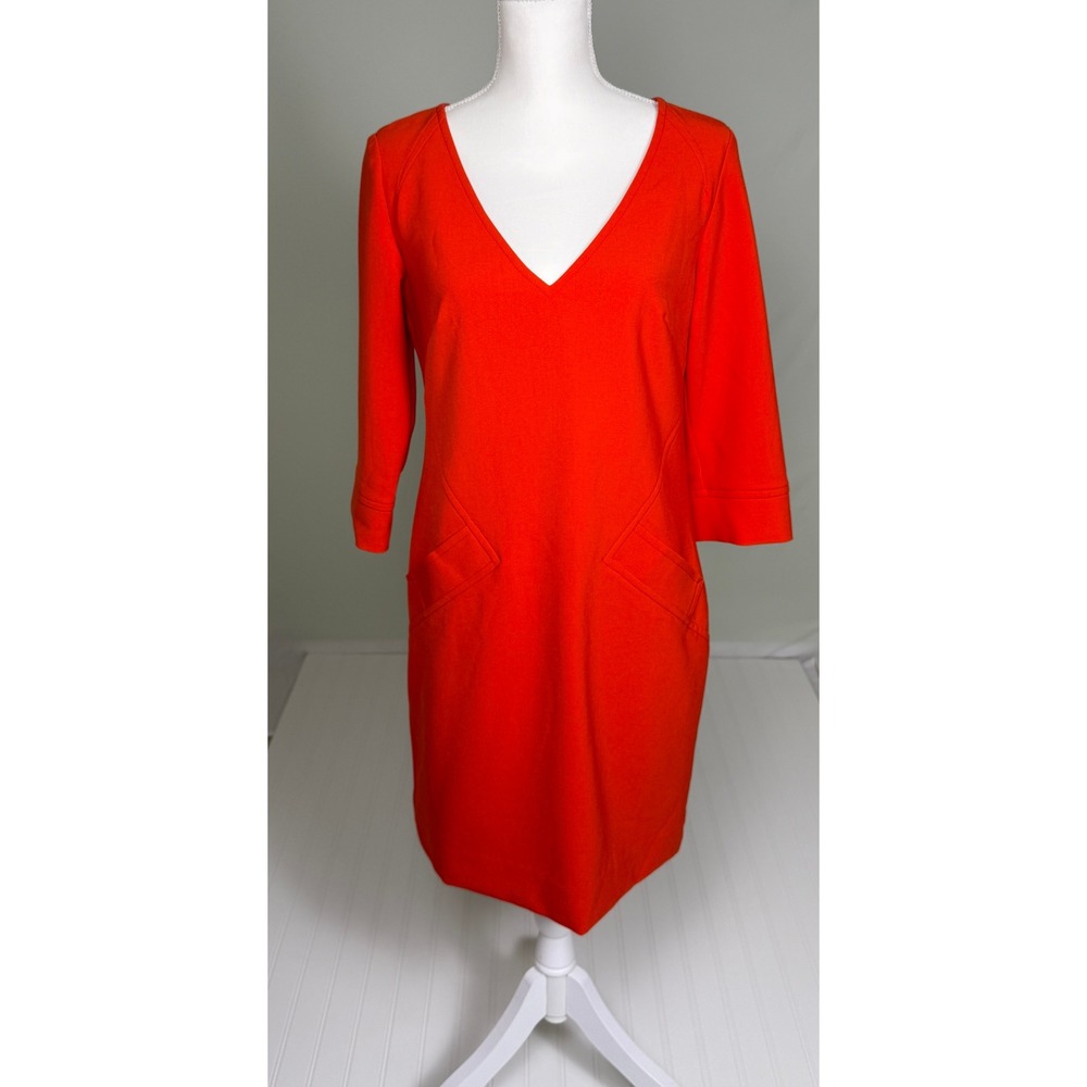 Trina Turk Silvia Shift Dress Ponte V Neck 3/4 Sleeve Pockets Red Orange 6 FLAWS